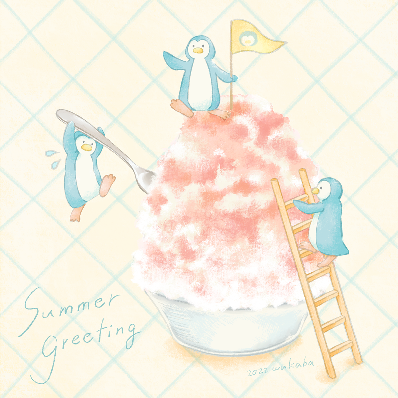 ペンギンとかき氷のイラスト：残暑お見舞い申し上げます