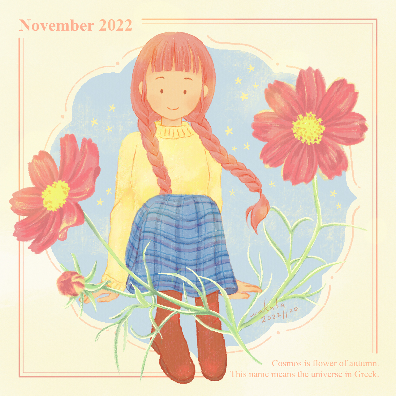 秋の花コスモスと三つ編みの女の子のイラスト