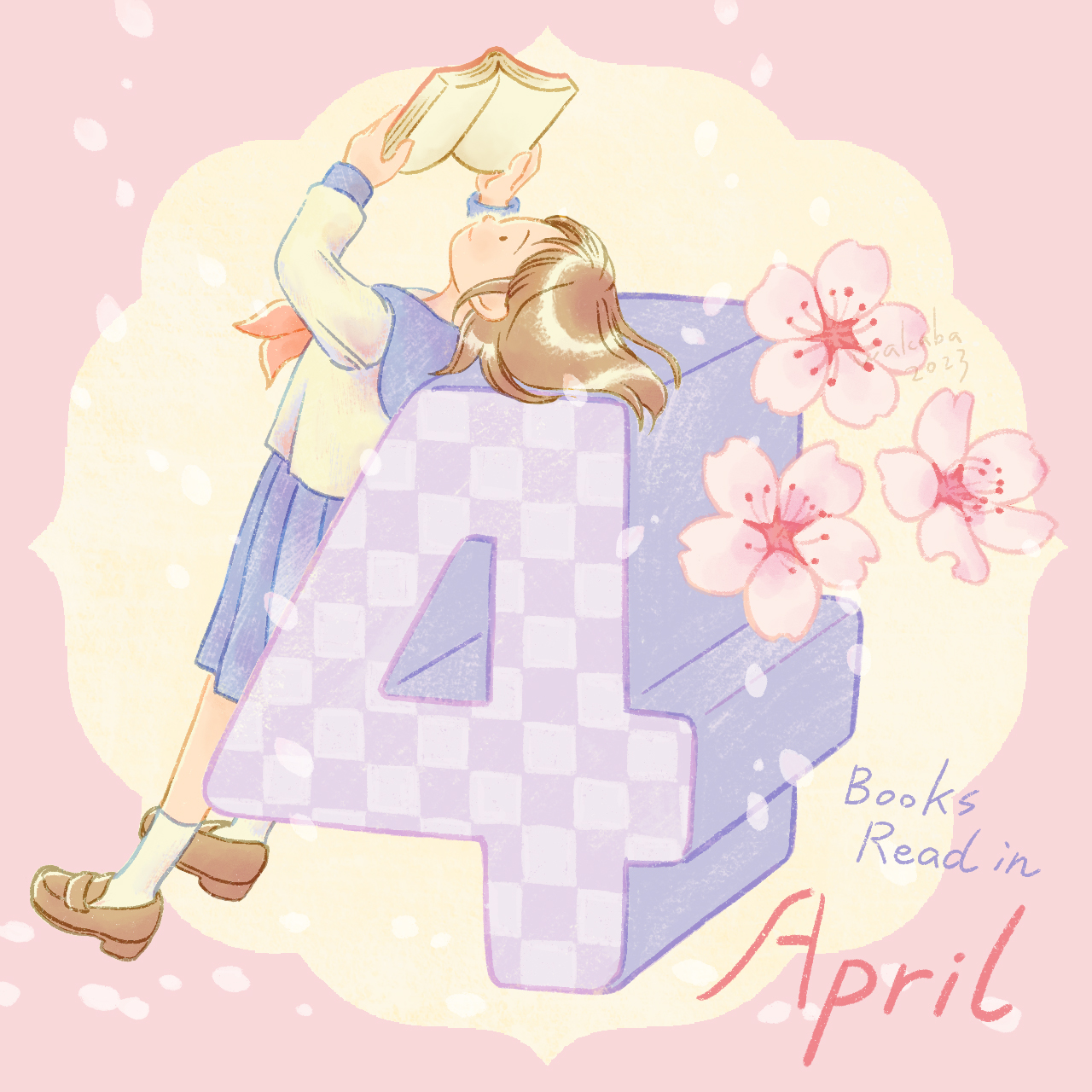 読書する女の子と桜のイラスト4月
